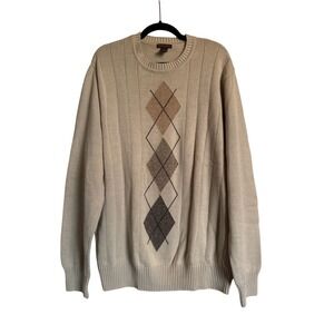 Normcore Classic Preppy DOCKERS Mens Tan Argyle Crewneck Sweater XXL Cotton